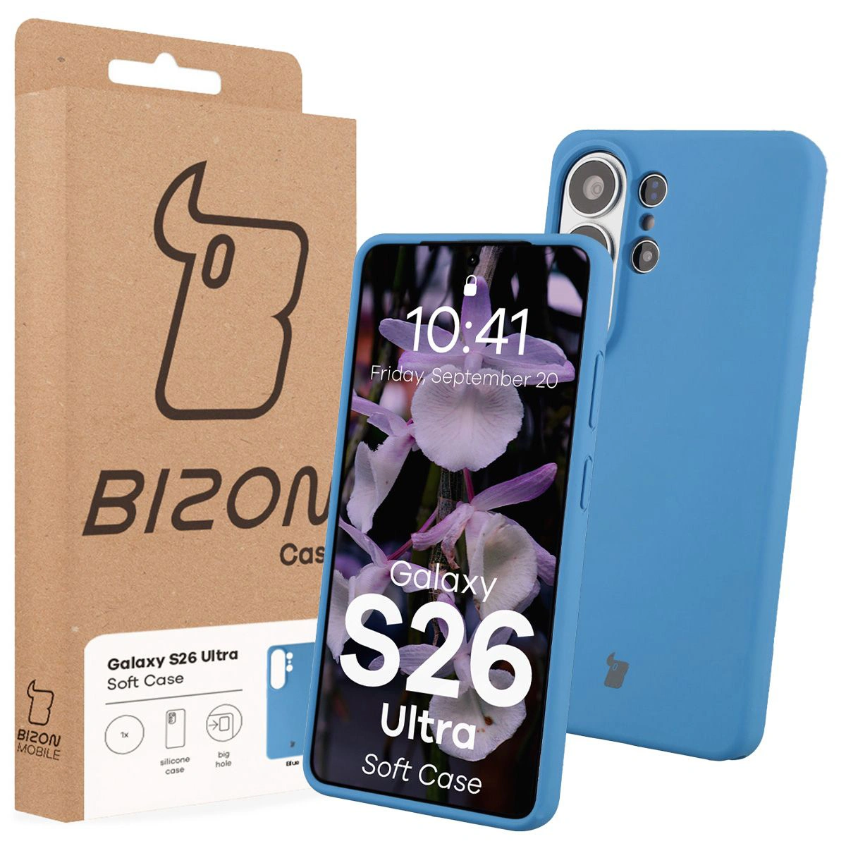 Fața cutiei Bizon Case cu etichetă dedicată pentru Samsung Galaxy S26 Ultra