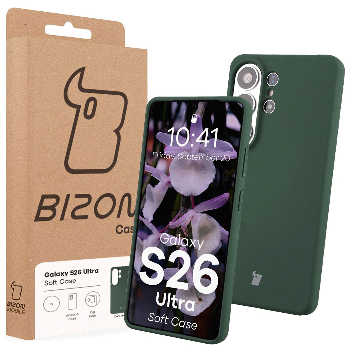 Fața cutiei Bizon Case cu eticheta dedicată pentru Samsung Galaxy S26 Ultra