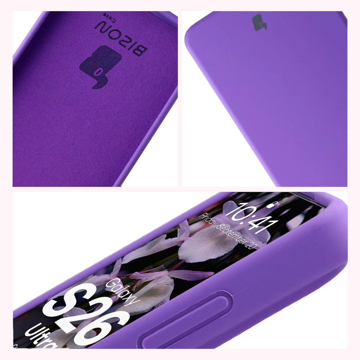 Construcția husei Bizon Soft Case: capace integrate, margini ridicate și căptușeală din microfibră pentru Samsung Galaxy S26 Ultra