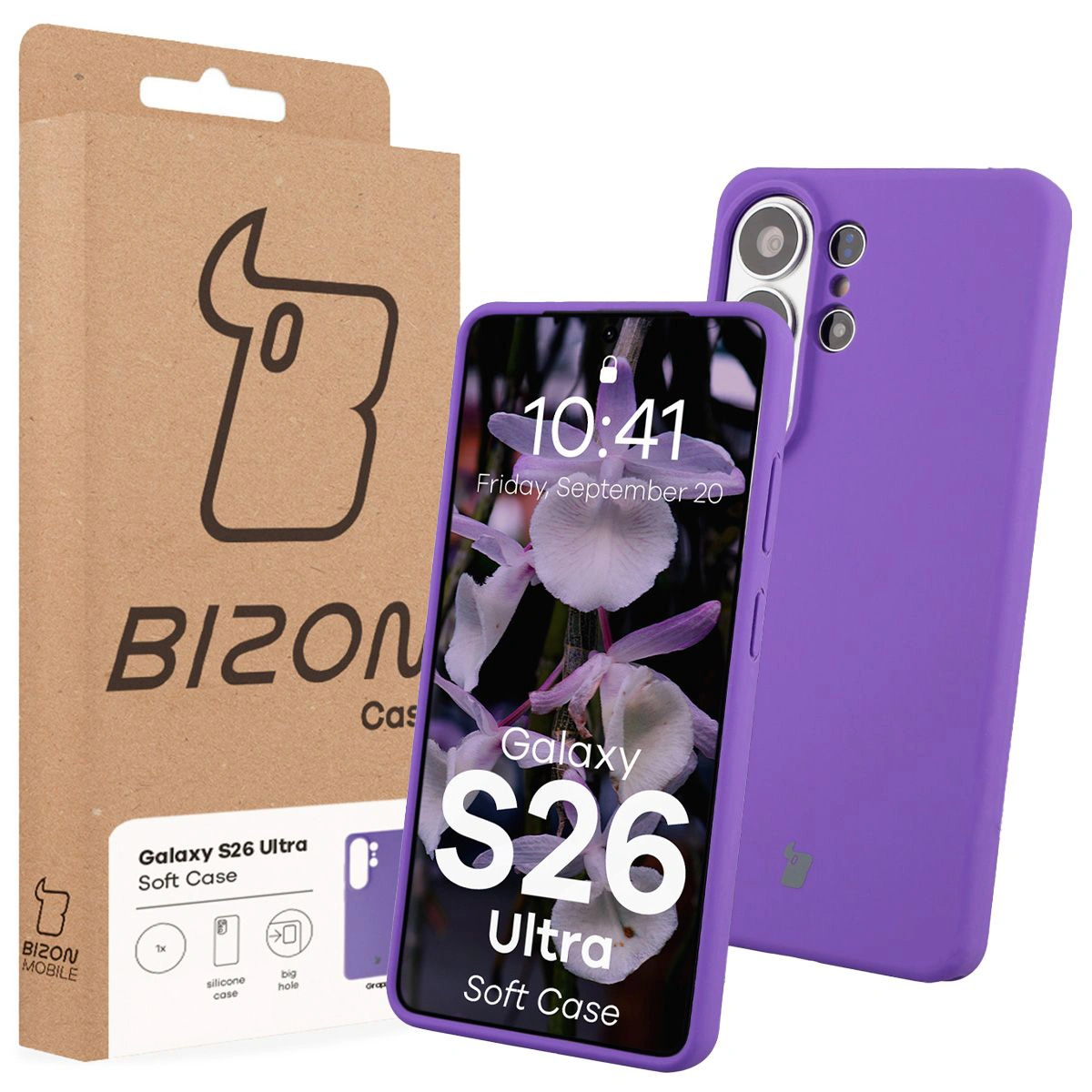 Partea din față a cutiei Bizon Case cu etichetă dedicată pentru Samsung Galaxy S26 Ultra