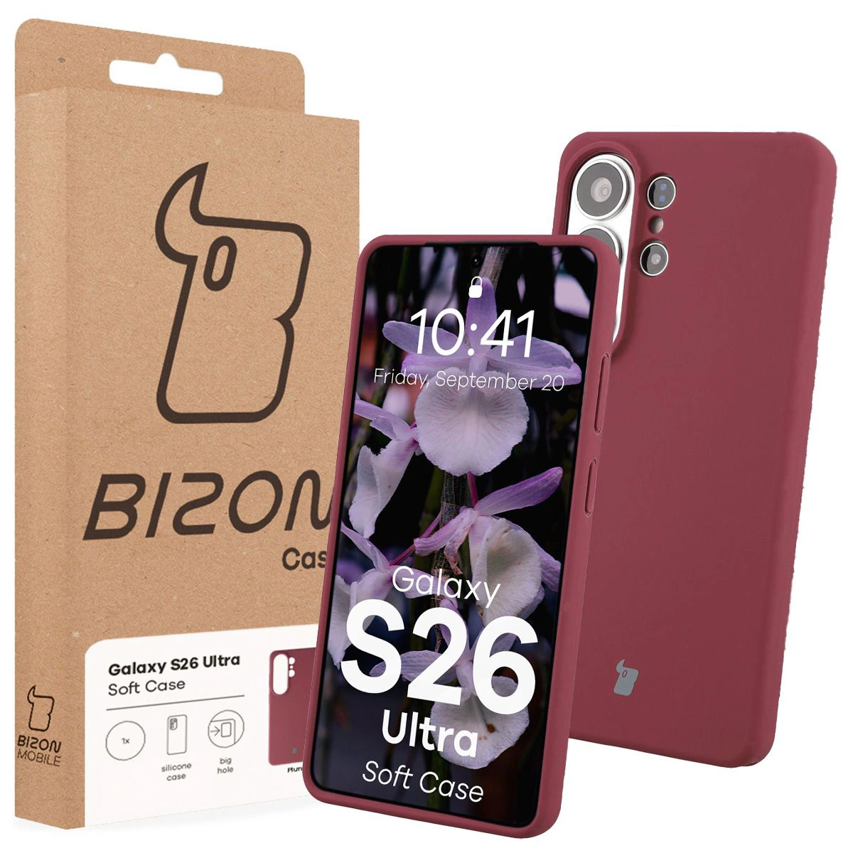 Fața cutiei Bizon Case cu etichetă dedicată pentru Samsung Galaxy S26 Ultra
