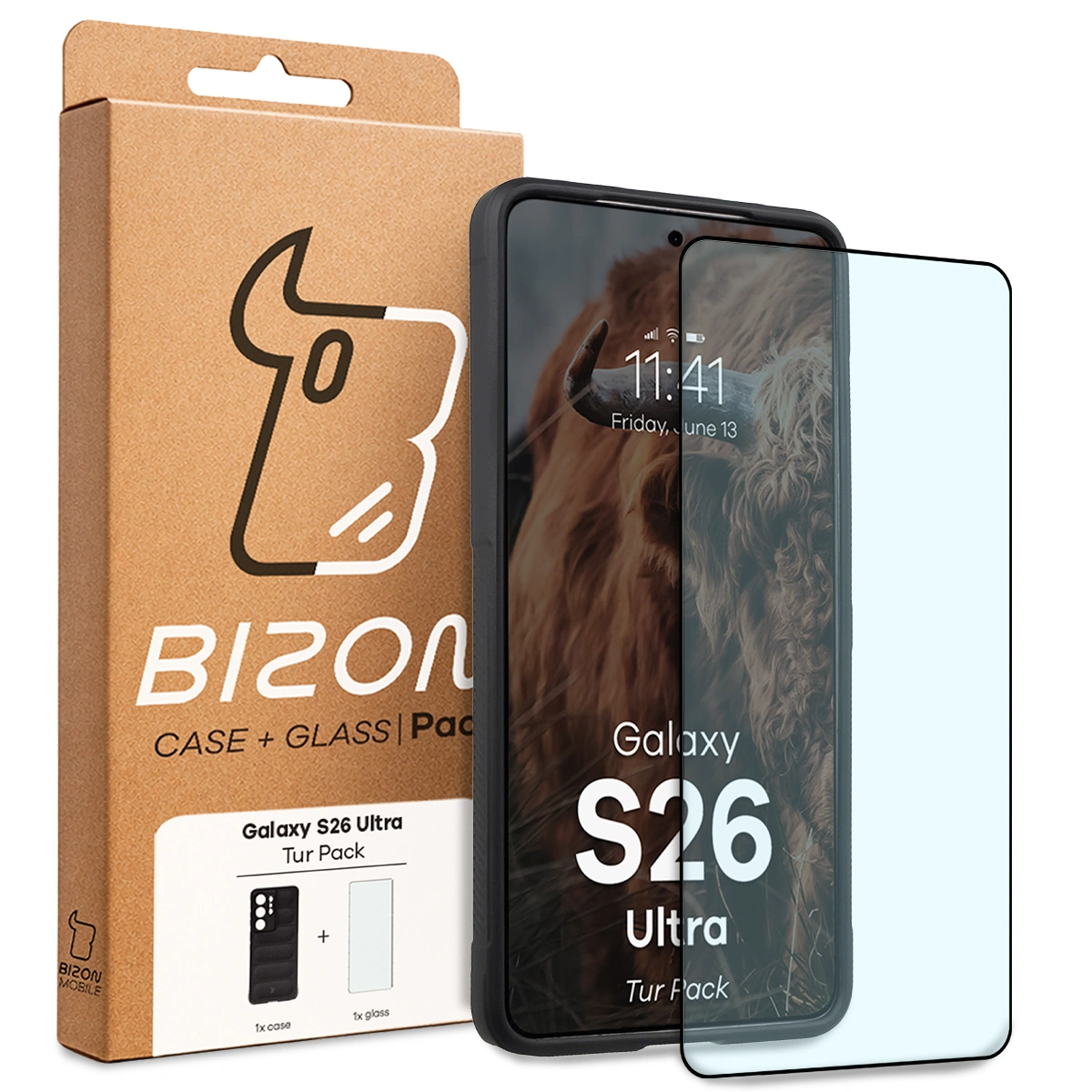 Front of the Bizon Tur Pack box with a dedicated label for Samsung Galaxy S26 Ultra