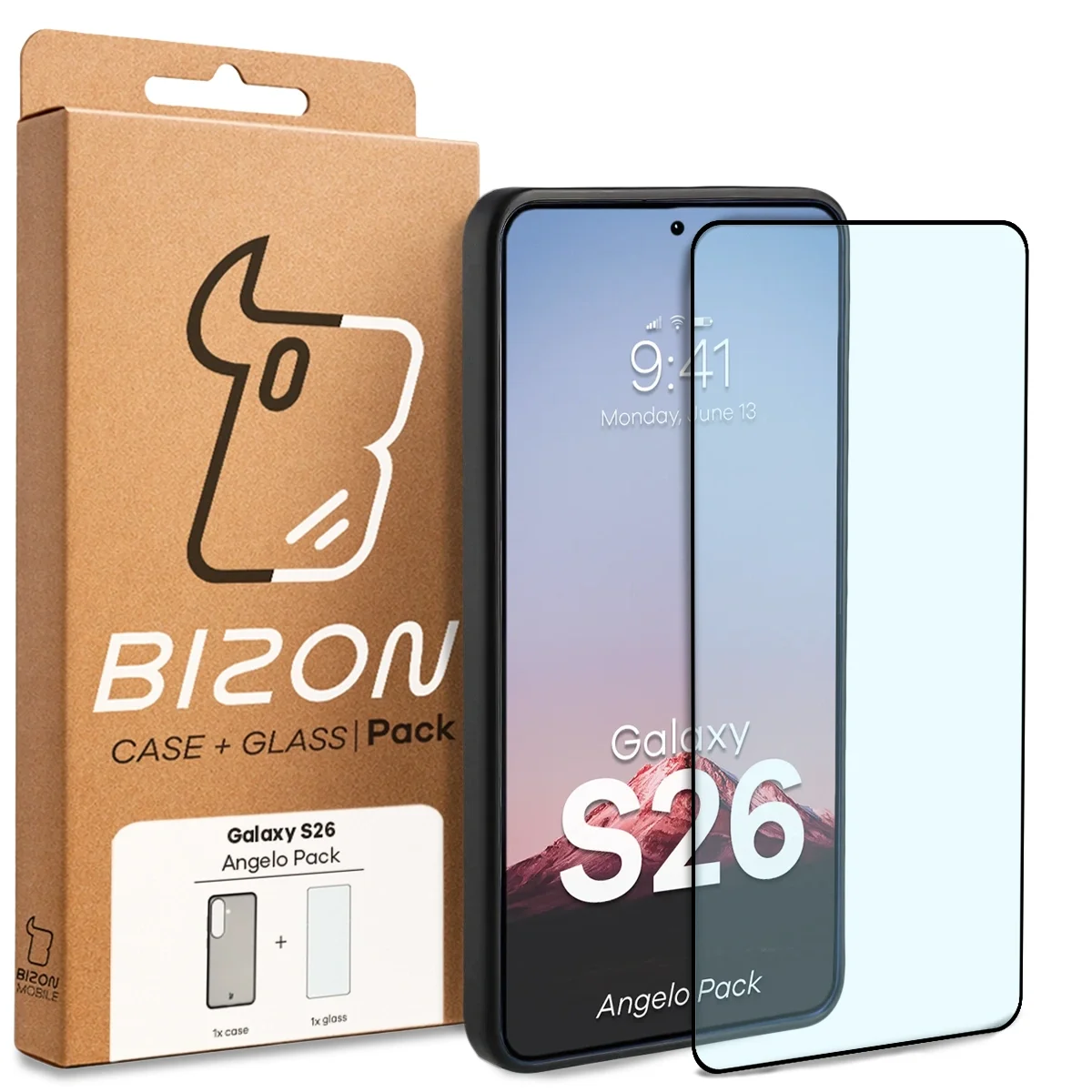 Front of the Bison Case Angelo Pack box with a dedicated label for Samsung Galaxy S26