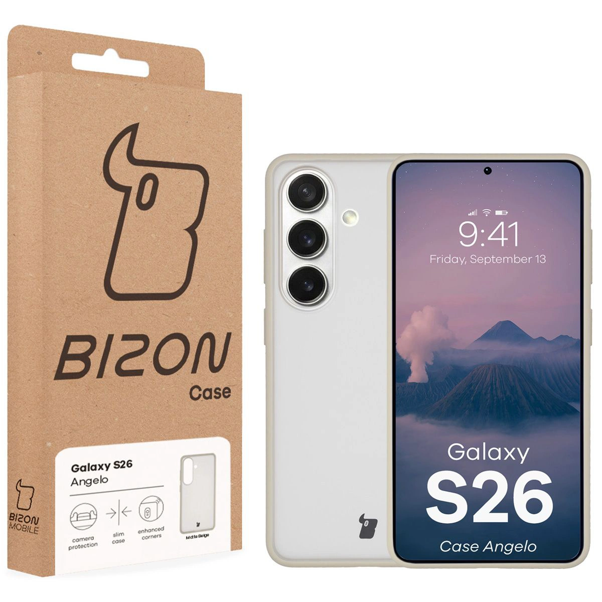 Fața cutiei Bizon Case cu etichetă dedicată pentru Samsung Galaxy S26