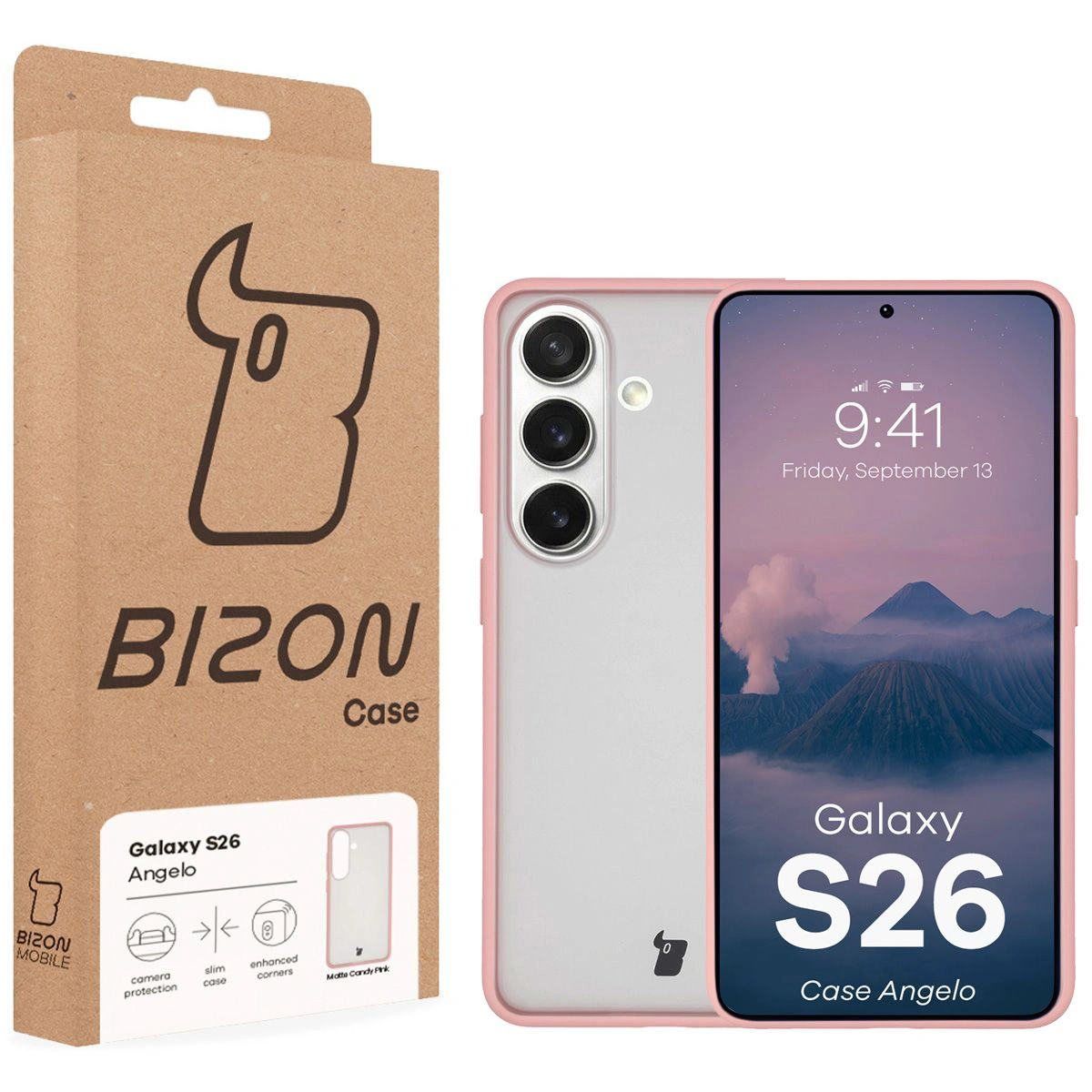 Fața cutiei Bizon Case cu eticheta dedicată pentru Samsung Galaxy S26