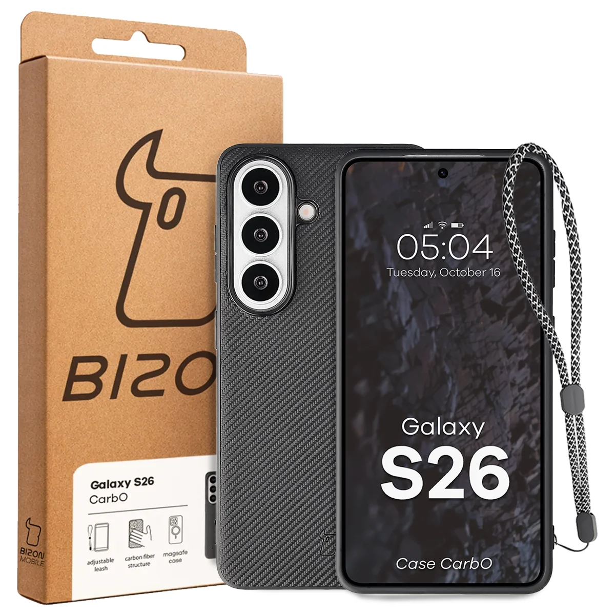 Front of the Bizon Case box with a dedicated label for Samsung Galaxy S26