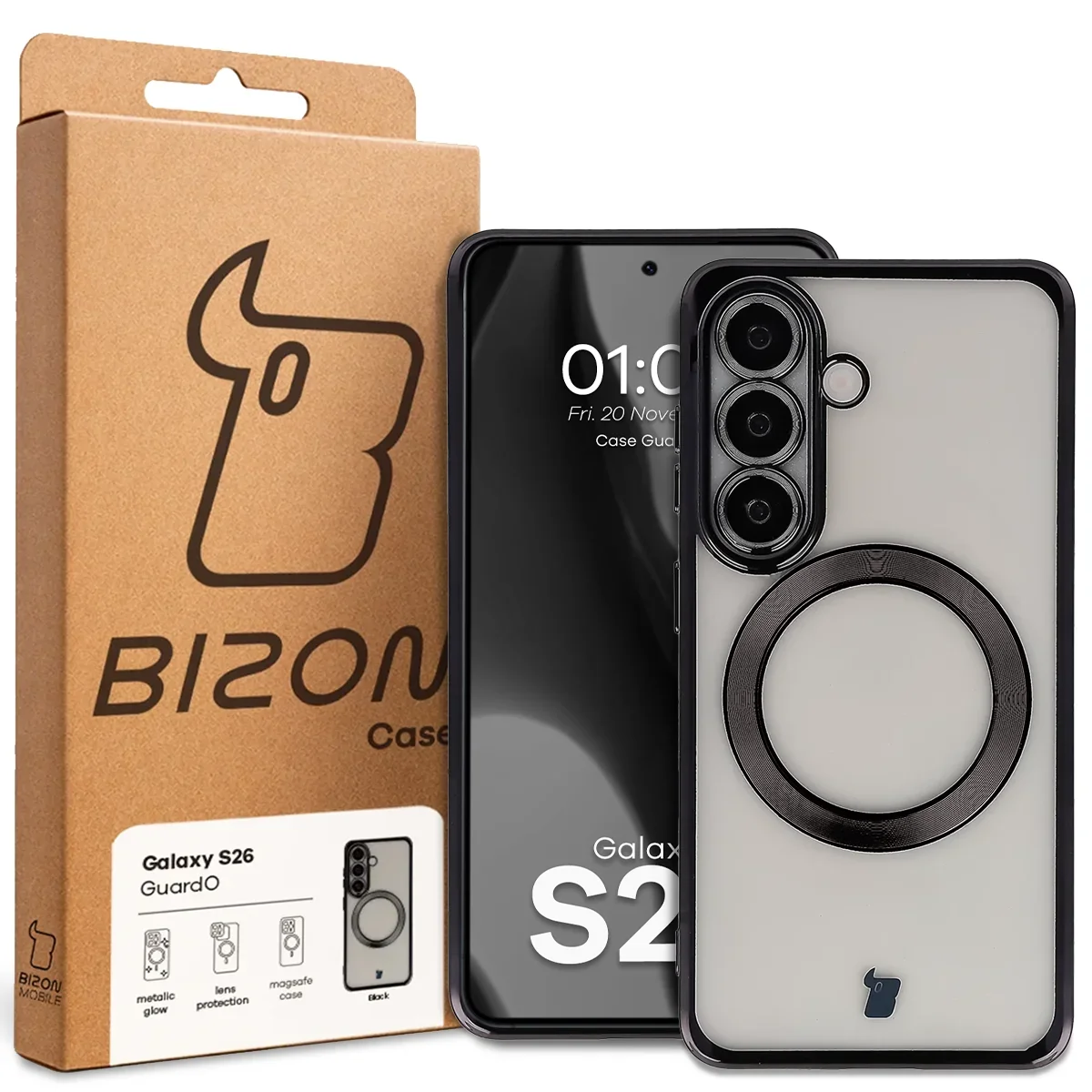 Front of the Bizon Case box with a dedicated label for Samsung Galaxy S26