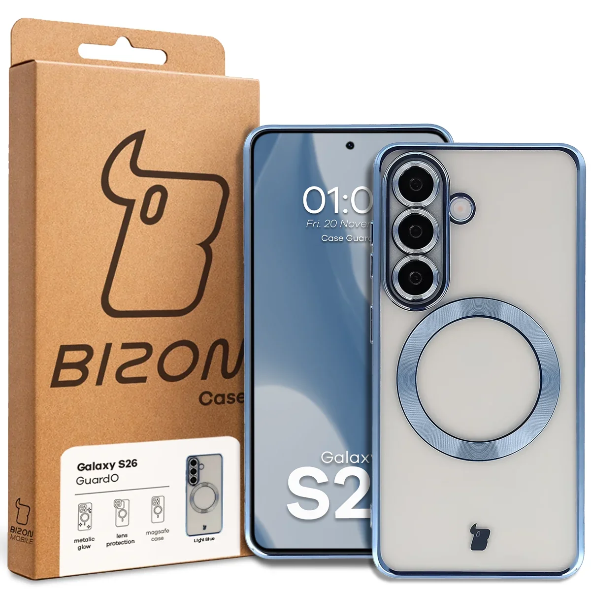 Front of the Bizon Case box with a dedicated label for Samsung Galaxy S26