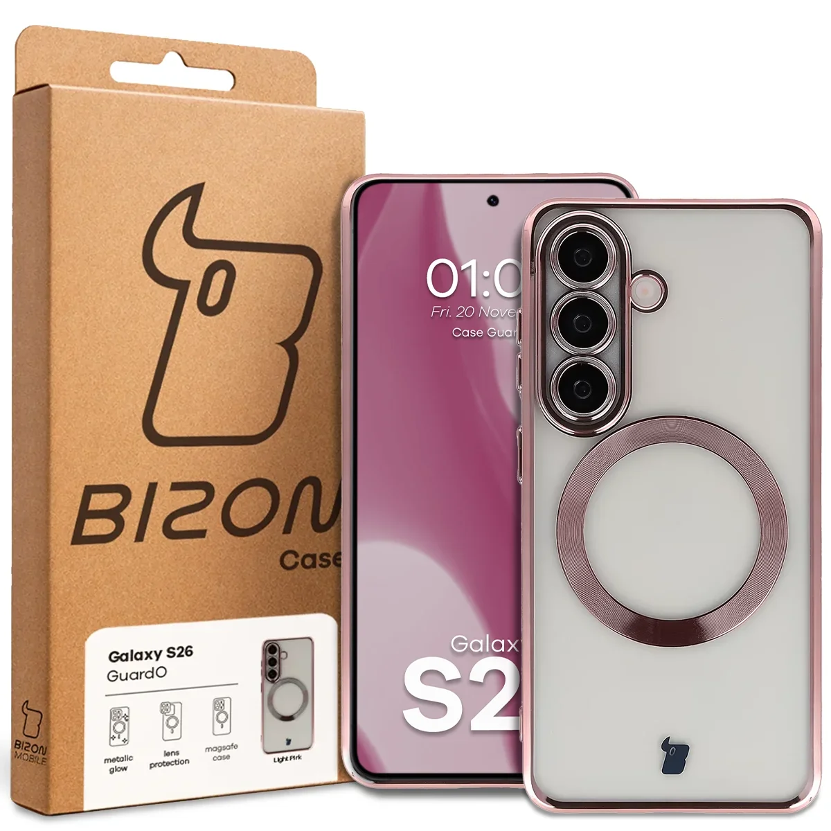 Front of the Bizon Case box with a dedicated label for Samsung Galaxy S26