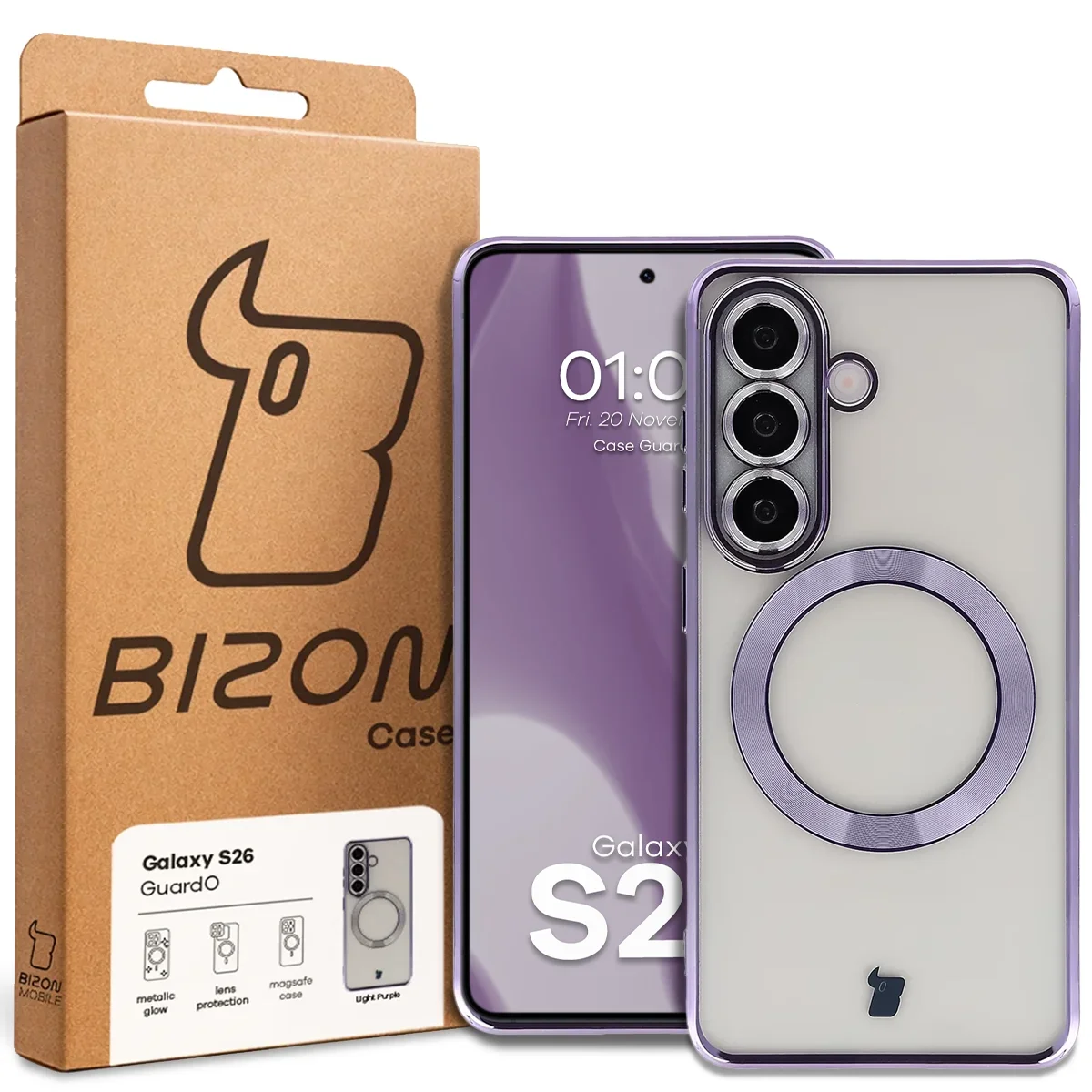 Front of the Bizon Case box with a dedicated label for Samsung Galaxy S26