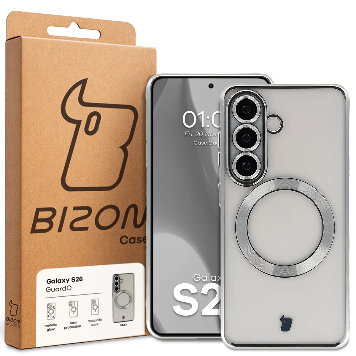 Front of the Bizon Case box with a dedicated label for Samsung Galaxy S26