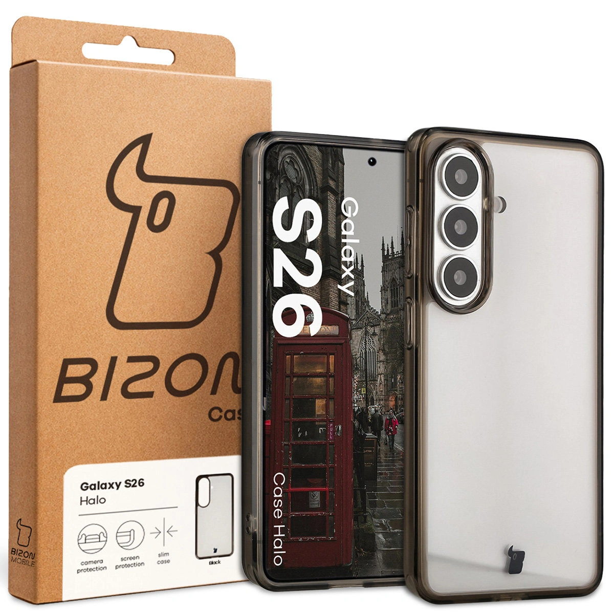 Vorderseite der Bizon Case Verpackung mit dediziertem Etikett für Samsung Galaxy S26