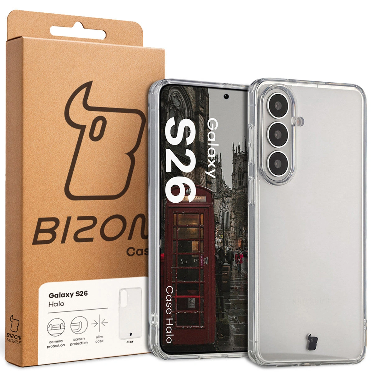 Fața cutiei Bizon Case cu etichetă dedicată pentru Samsung Galaxy S26