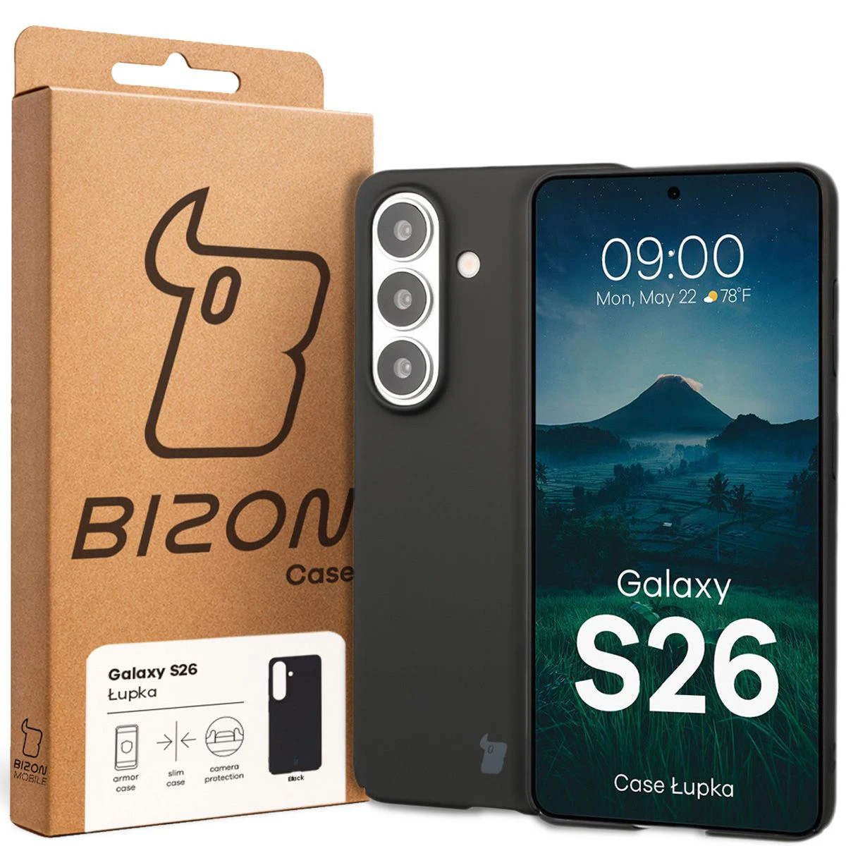 Fața cutiei Bizon Case cu eticheta dedicată pentru Samsung Galaxy S26