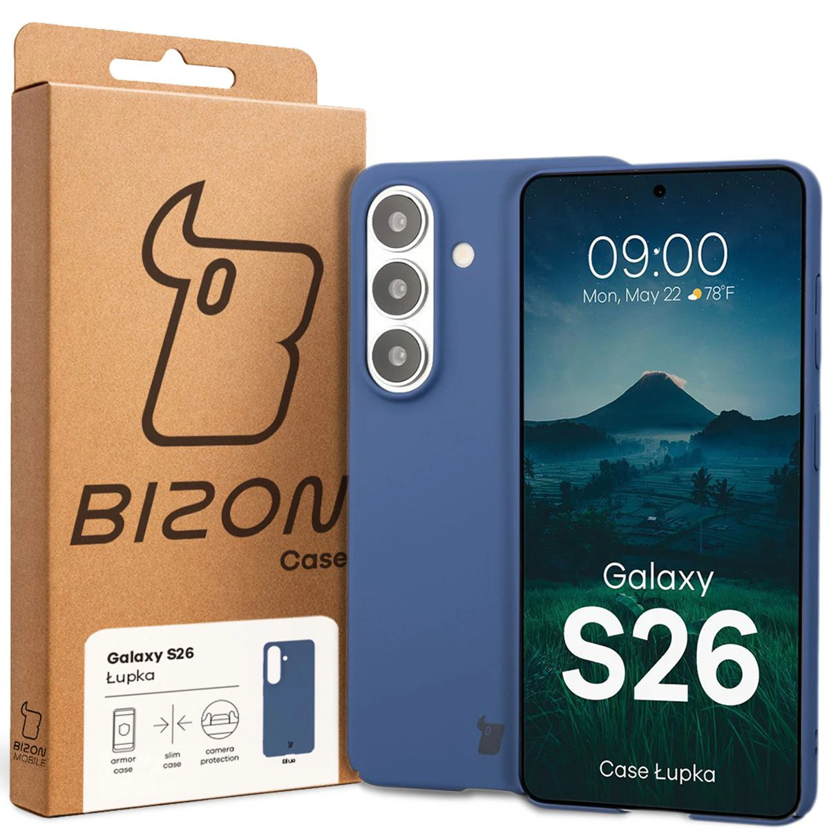 Fața cutiei Bizon Case cu eticheta dedicată pentru Samsung Galaxy S26