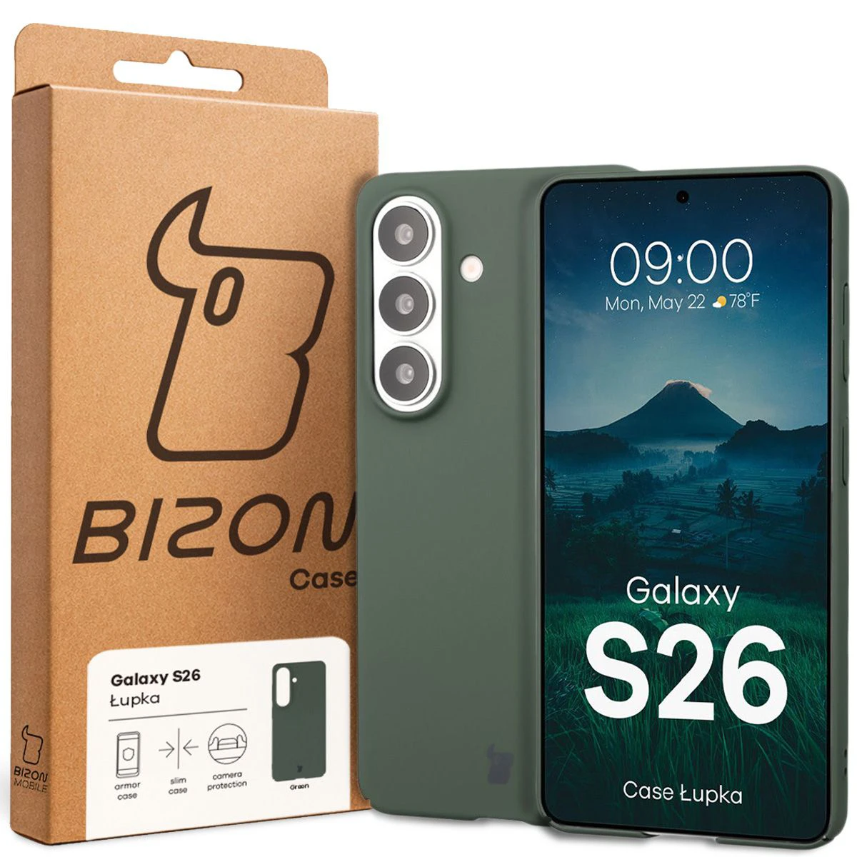 Fața cutiei Bizon Case cu etichetă dedicată pentru Samsung Galaxy S26