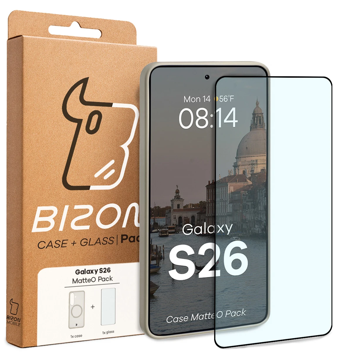 Przód pudełka Bizon Case Matteo Pack z dedykowaną etykietą do Samsung Galaxy S26