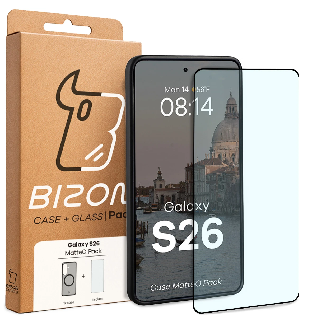 Przód pudełka Bizon Case Matteo Pack z dedykowaną etykietą do Samsung Galaxy S26