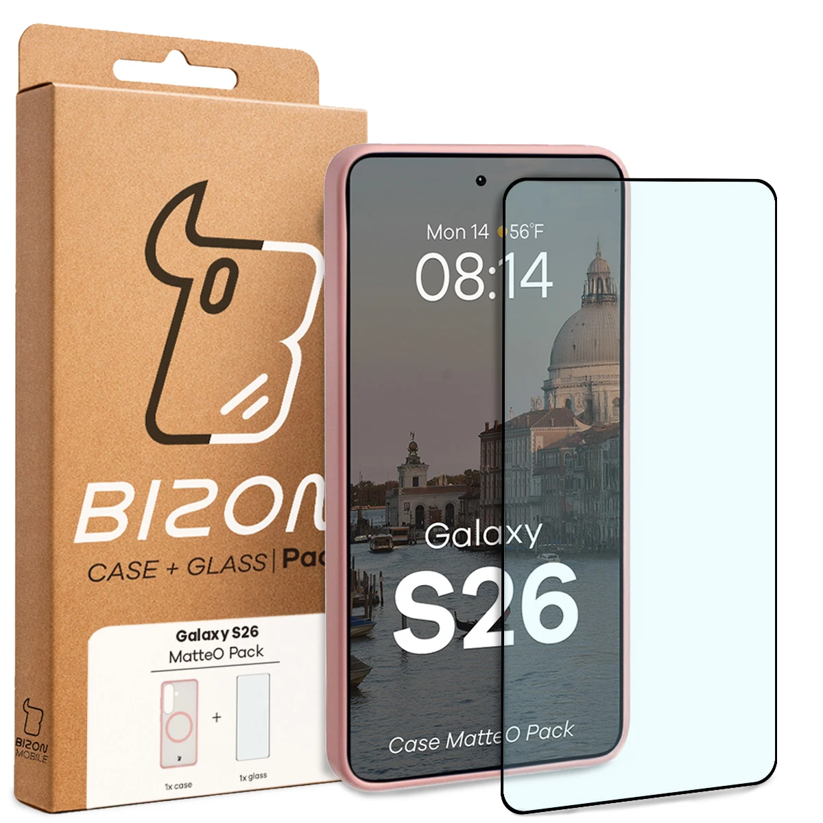 Przód pudełka Bizon Case Matteo Pack z dedykowaną etykietą do Samsung Galaxy S26