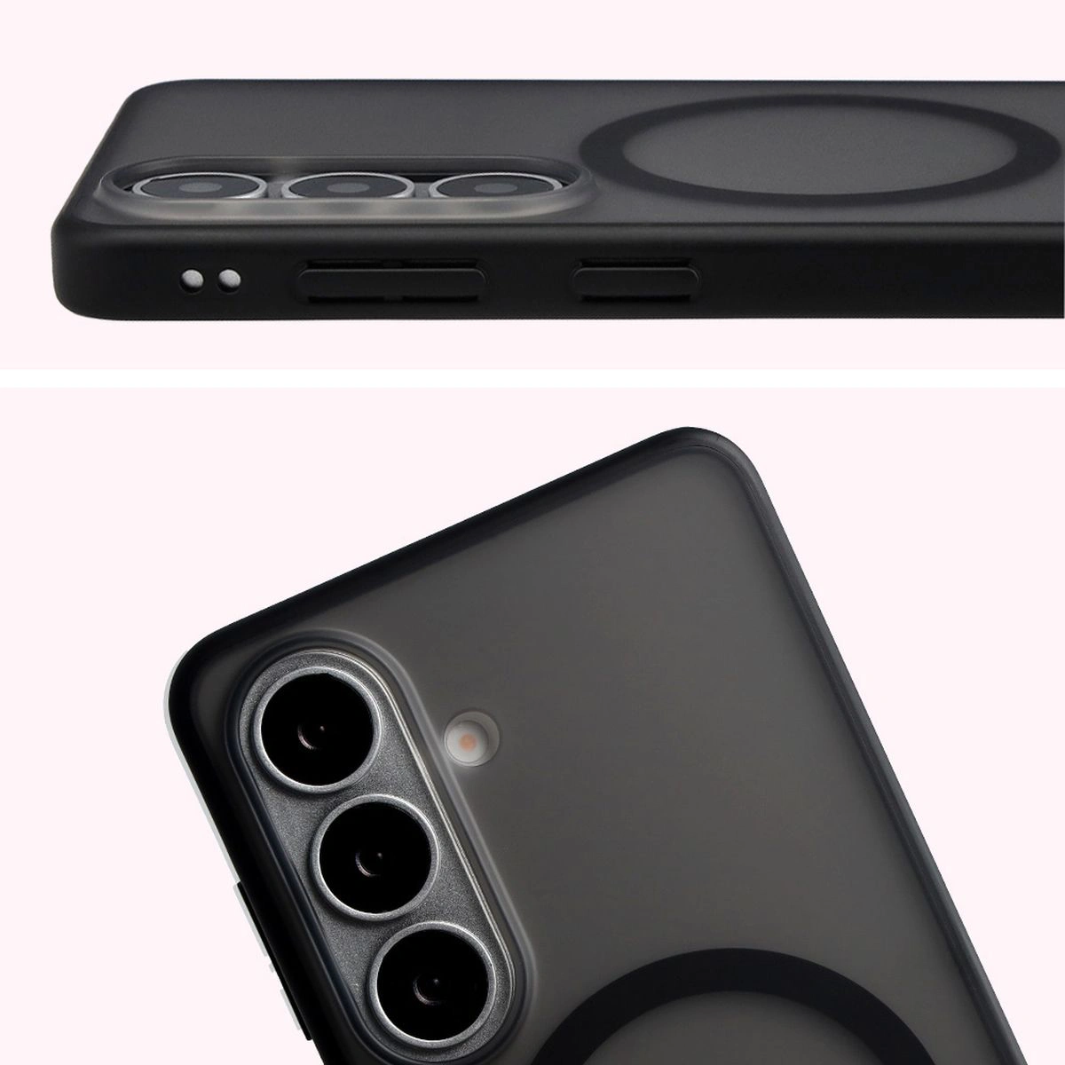 Pełne wycięcie i podwyższone krawędzie aparatu w etui Bizon Case MatteO do Samsung Galaxy S26