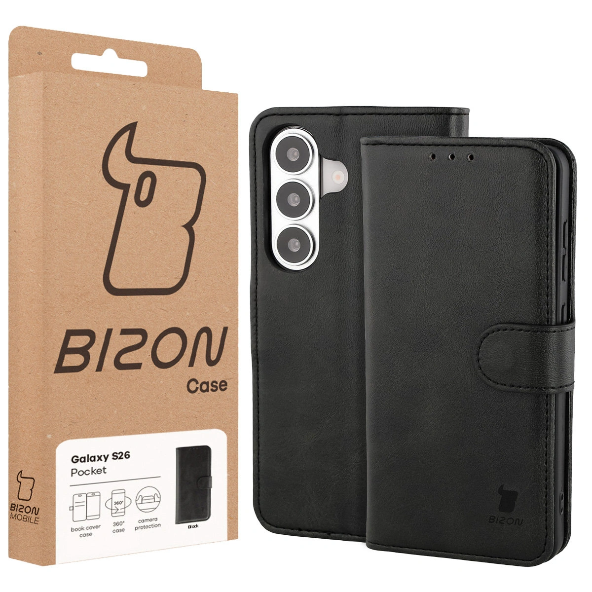 Vorderseite der Bison Case Box mit dediziertem Etikett für Samsung Galaxy S26