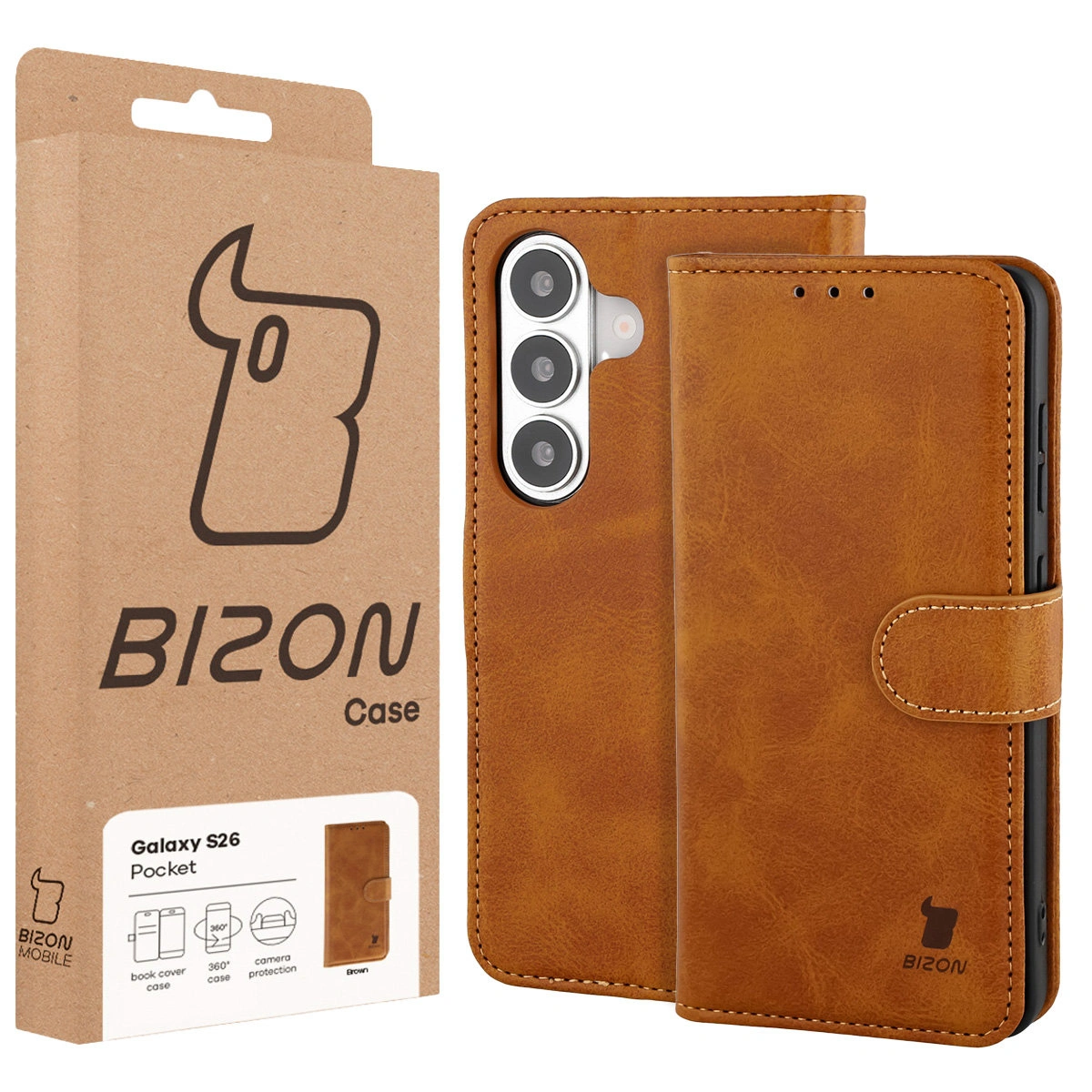 Przód pudełka Bizon Case z dedykowaną etykietą do Samsung Galaxy S26