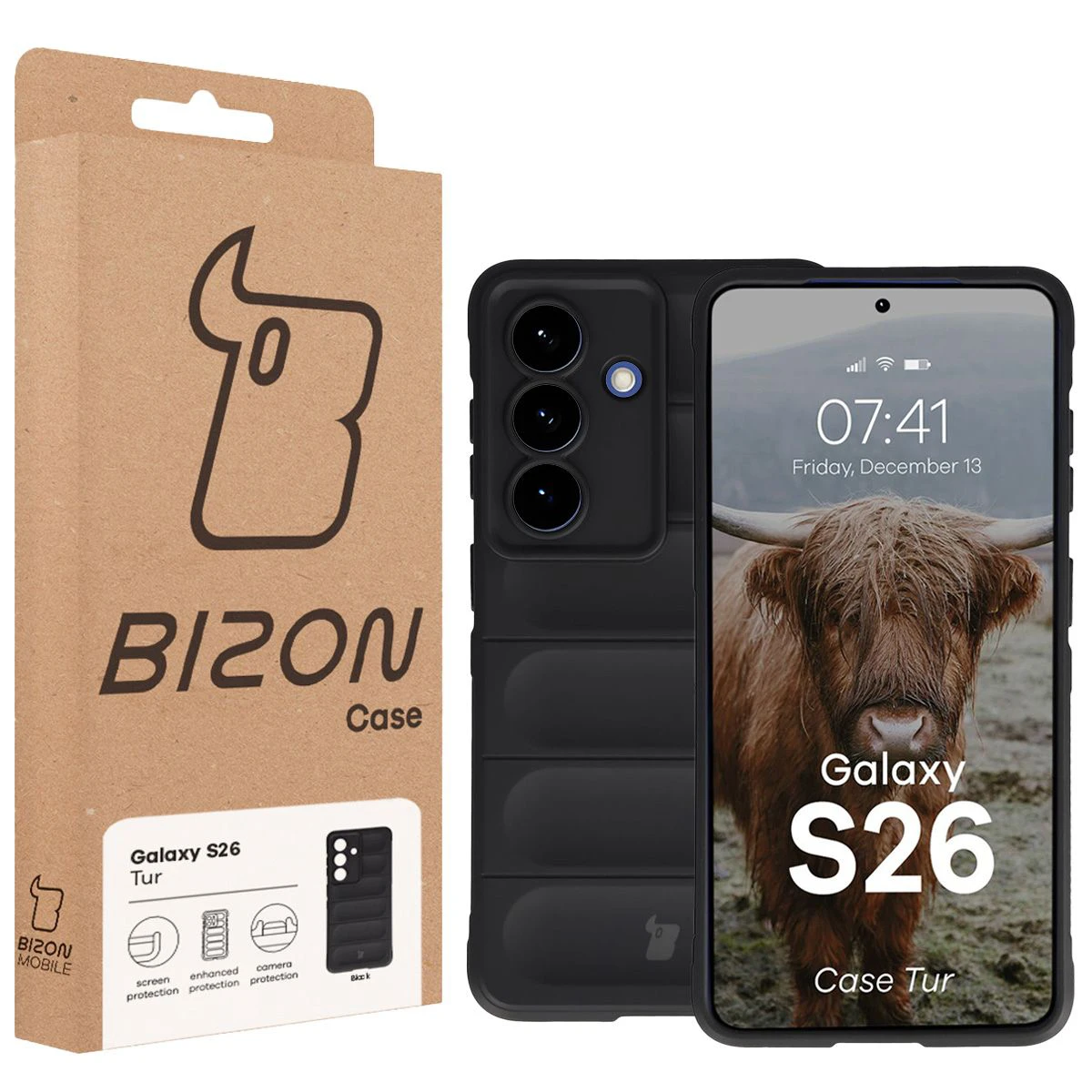 Vorderseite der Bison Case Verpackung mit dediziertem Etikett für Samsung Galaxy S26