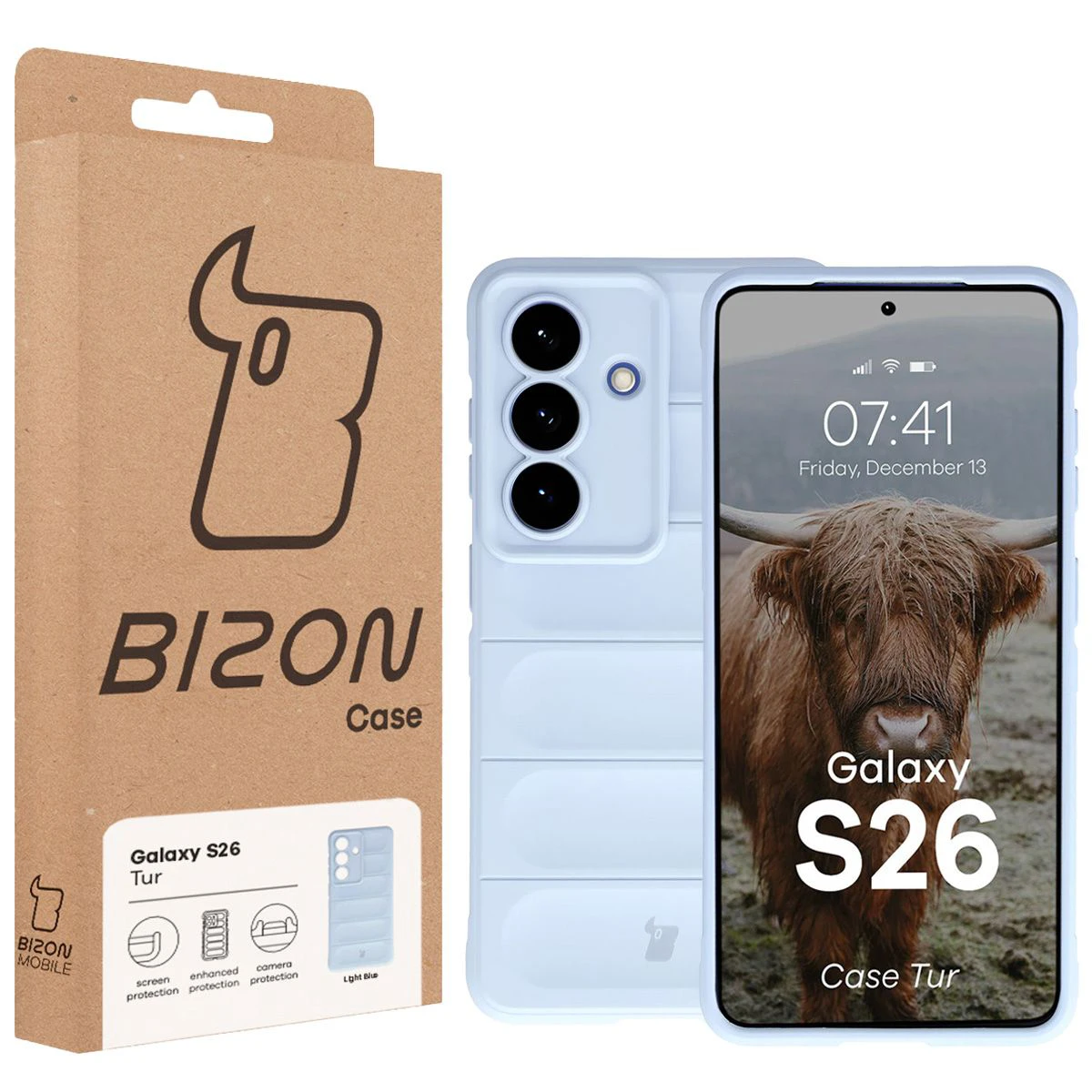 Frontalul cutiei Bizon Case cu eticheta dedicată pentru Samsung Galaxy S26