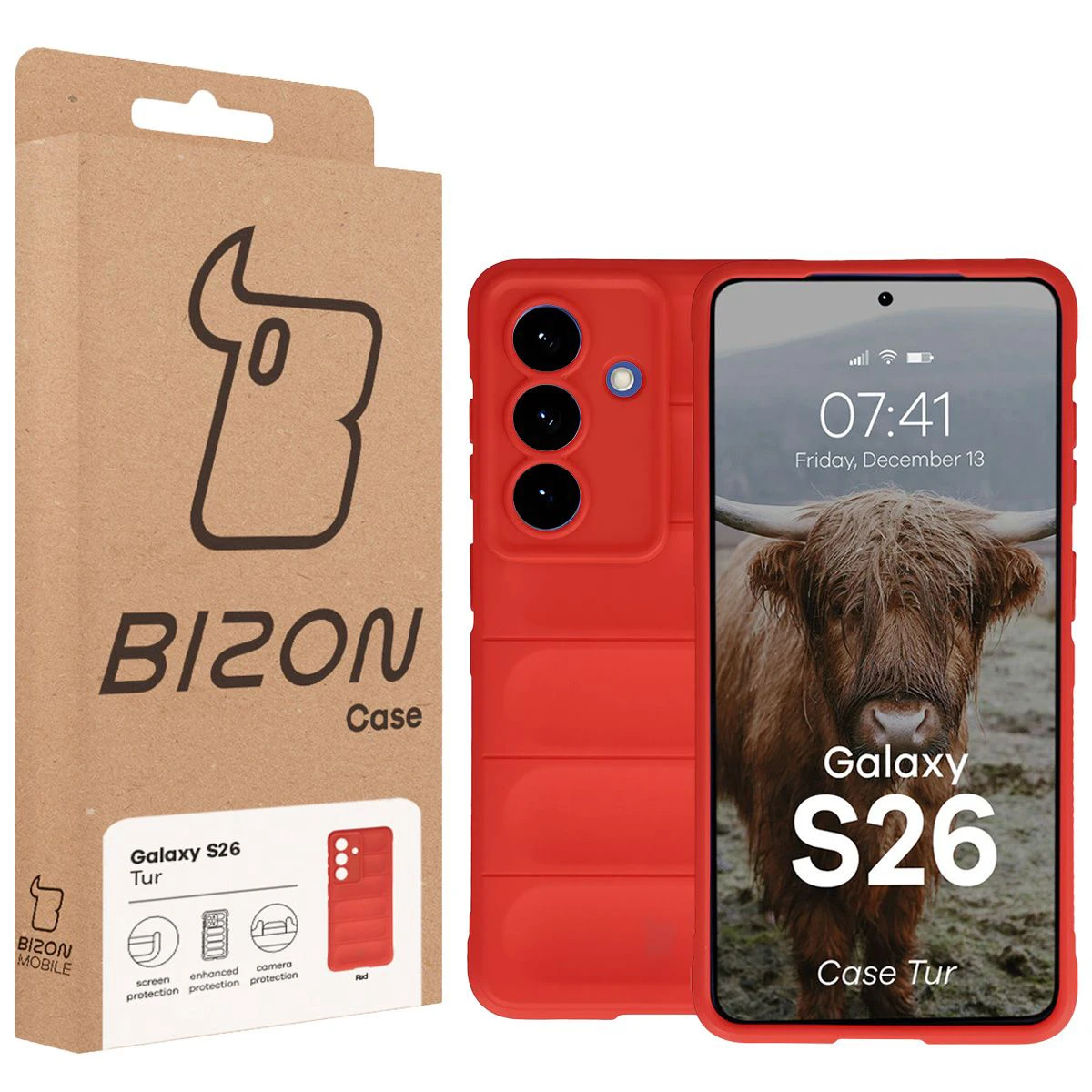 Fața cutiei Bizon Case cu eticheta dedicată pentru Samsung Galaxy S26