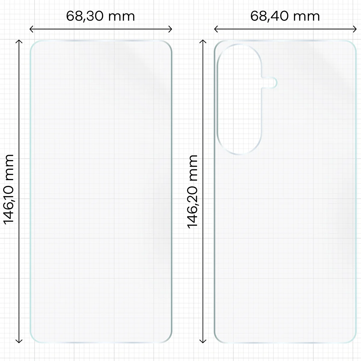 Wymiary dla folii hydrożelowej na plecki, mniejszy oraz większy wyświetlacz telefonu Bizon Film Hydrogel Pack do Samsung Galaxy S26