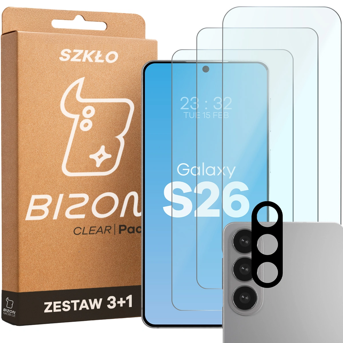 Pudełko i zestaw szkieł do Samsung Galaxy S26: 3x szkło hartowane i lens
