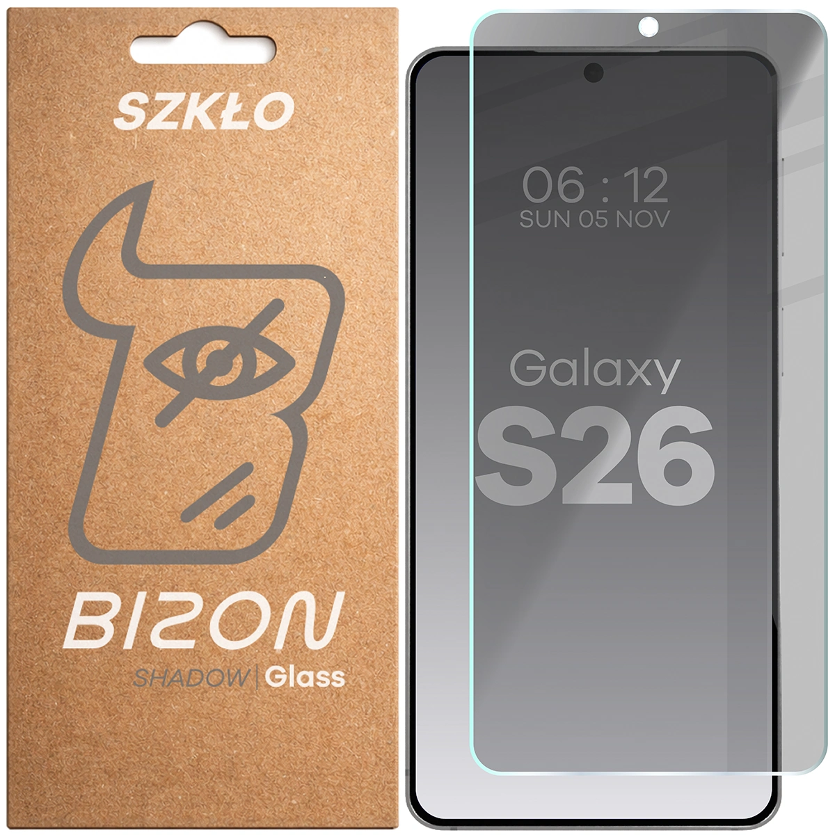 Pudełko i szkło prywatyzujące Bizon Glass Clear Shadow do Samsung Galaxy S26