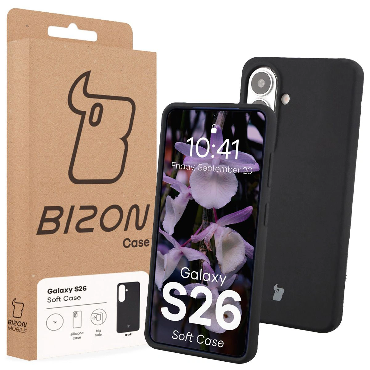 Przód pudełka Bizon Case z dedykowaną etykietą do Samsung Galaxy S26