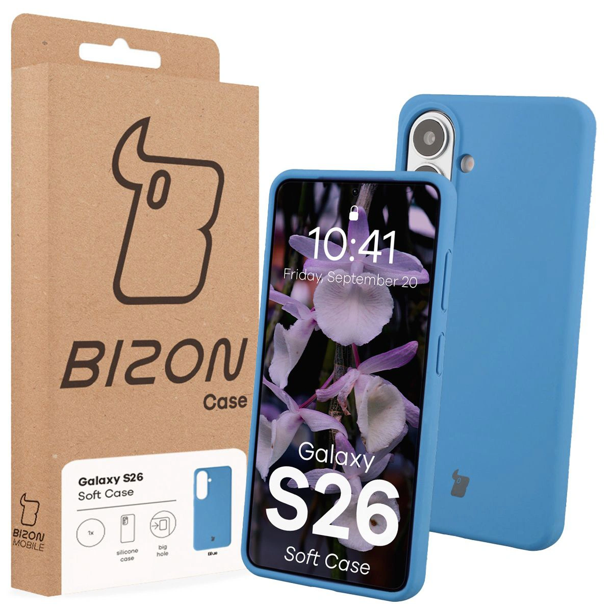 Frontalul cutiei Bizon Case cu eticheta dedicată pentru Samsung Galaxy S26