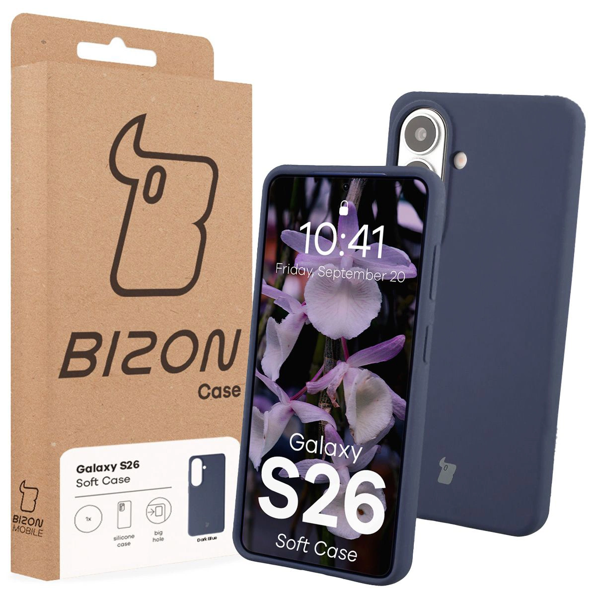 Fața cutiei Bizon Case cu etichetă dedicată pentru Samsung Galaxy S26