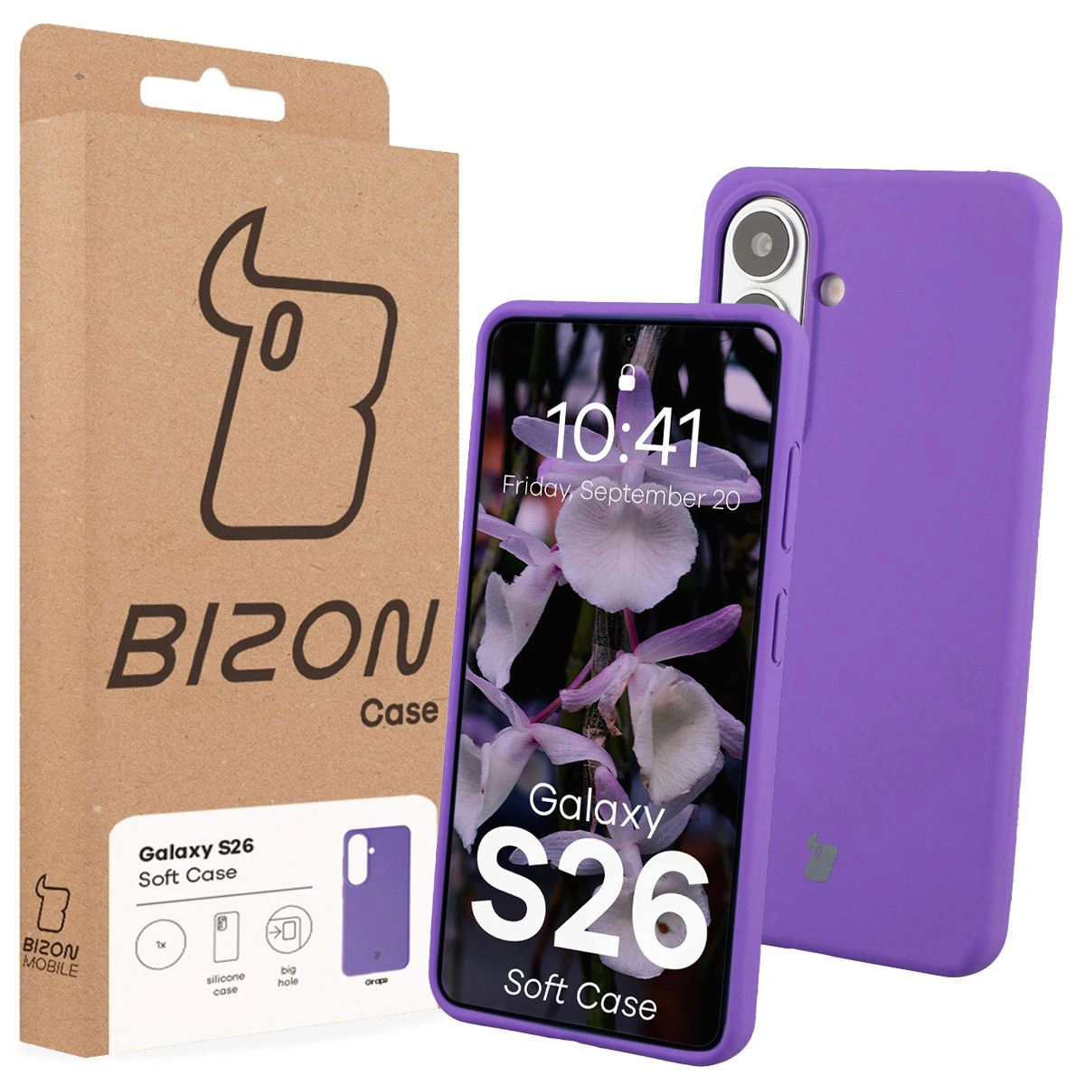 Przód pudełka Bizon Case z dedykowaną etykietą do Samsung Galaxy S26