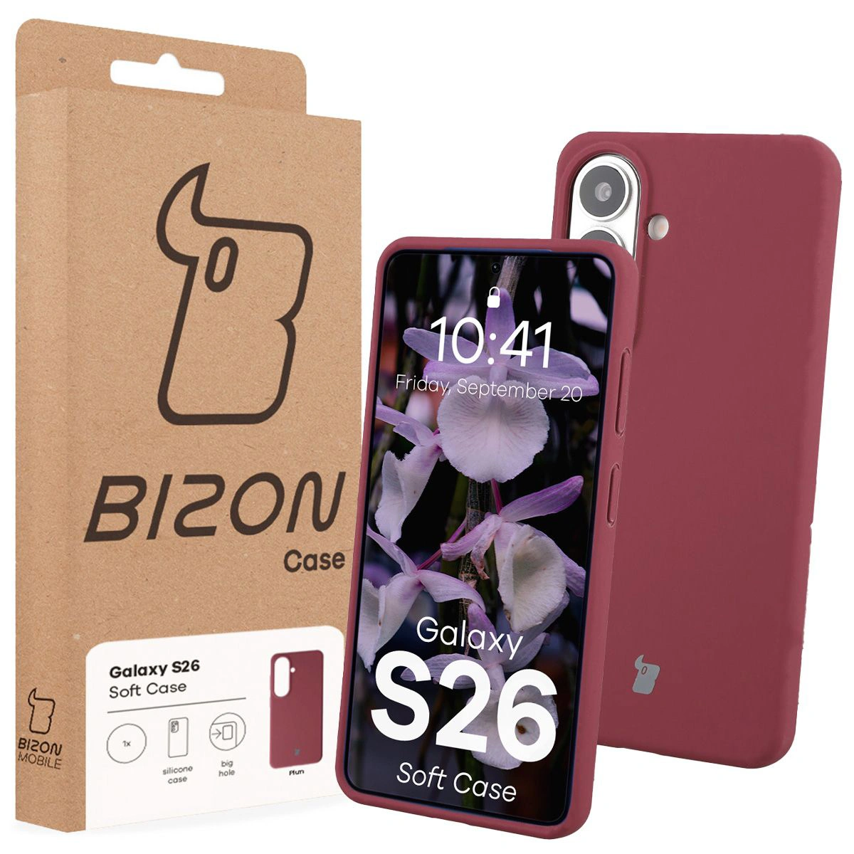 Fața cutiei Bizon Case cu etichetă dedicată pentru Samsung Galaxy S26
