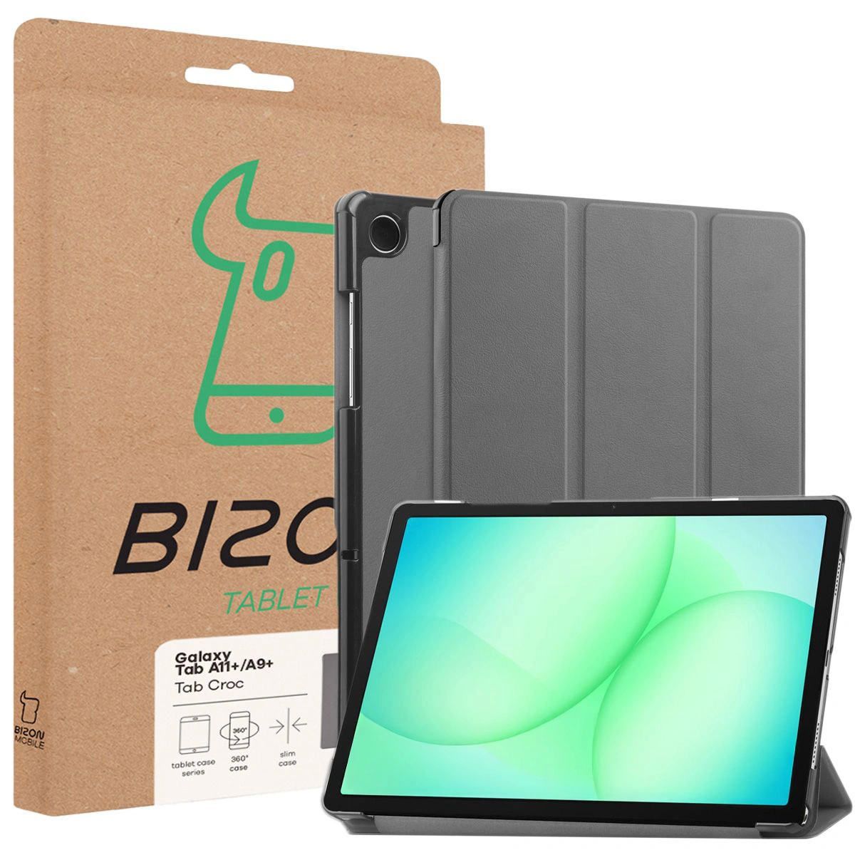 Front of Bizon Case box with dedicated label for Samsung Galaxy Tab A11 Plus / Samsung Galaxy Tab A9 Plus