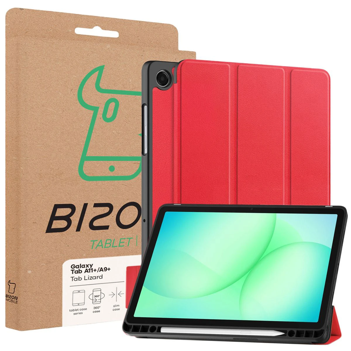 Vorderseite der Bizon Case Verpackung mit dediziertem Etikett für Samsung Galaxy Tab A11 Plus / Samsung Galaxy Tab A9 Plus