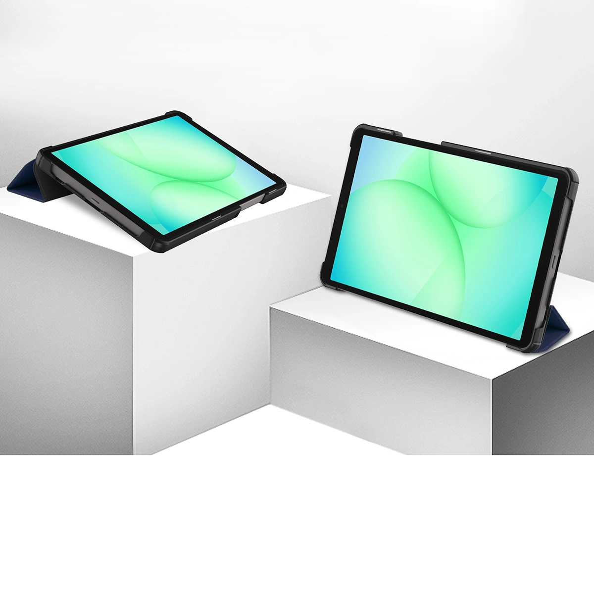 Die Klapphülle Bizon Case Tab Croc auf Ständern, die in zwei Winkeln für Samsung Galaxy Tab A11 / Samsung Galaxy Tab A9 eingestellt sind