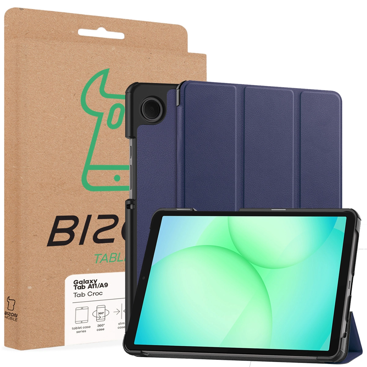 Vorderseite der Bizon Case Verpackung mit dedizierter Etikette für Samsung Galaxy Tab A11 / Samsung Galaxy Tab A9