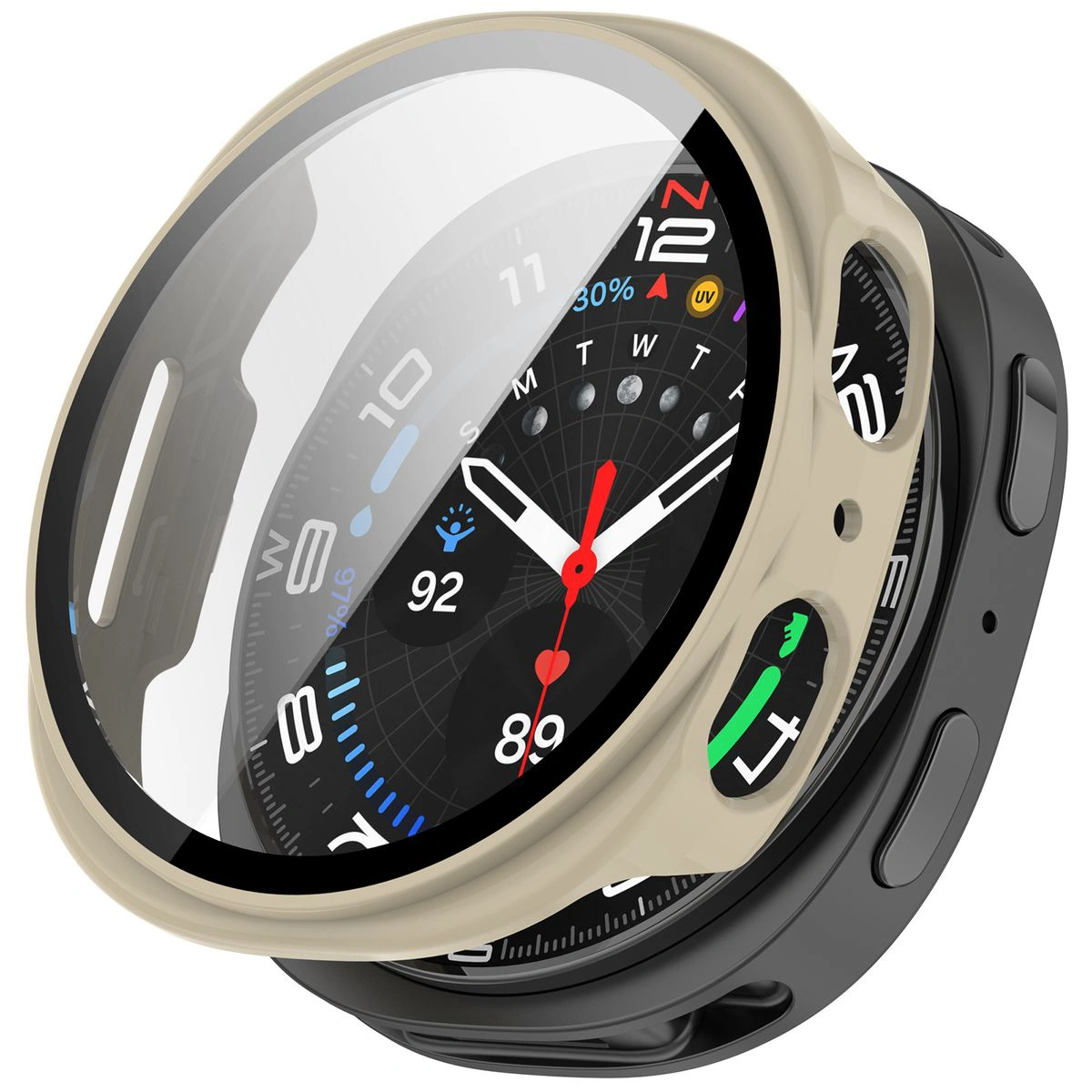 Vizualizace nasazení pouzdra Bizon Case+Glass Watch pro Galaxy Watch 8 40 mm