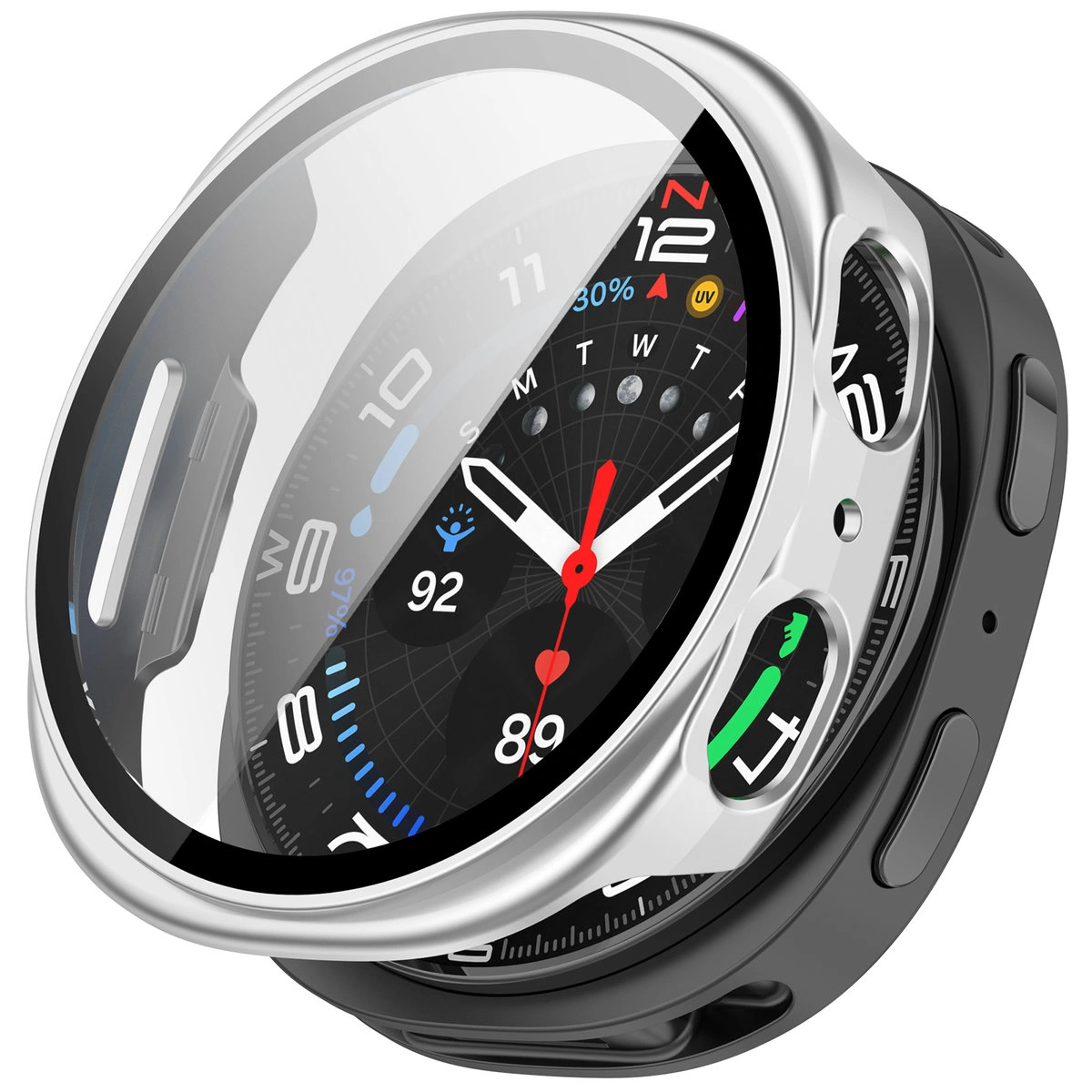 Wizualizacja nakładania etui Bizon Case+Glass Watch do Galaxy Watch 8 40 mm