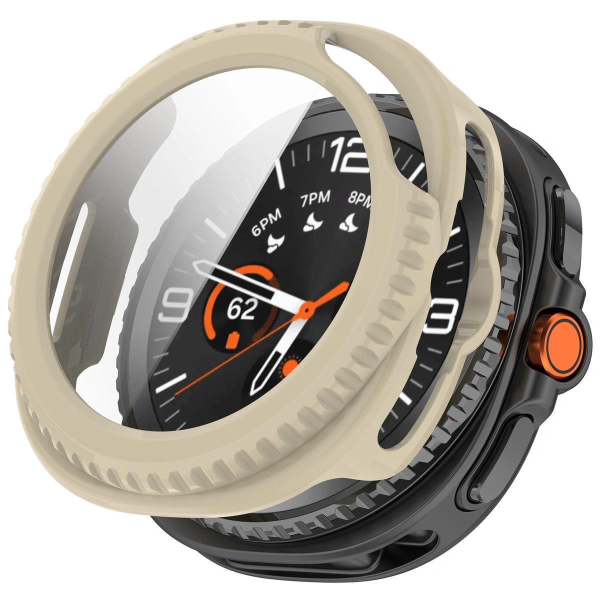Vizualizace nasazení pouzdra Bizon Case+Glass Watch pro Galaxy Watch 8 Classic 46 mm