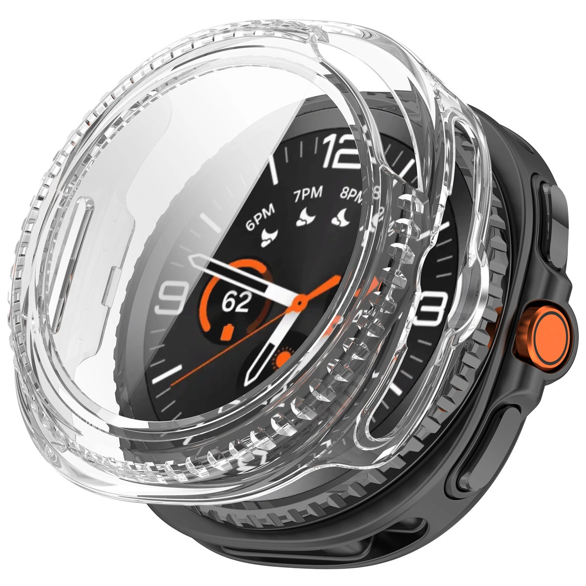 Vizualizace nasazení pouzdra Bizon Case+Glass Watch pro Galaxy Watch 8 Classic 46 mm