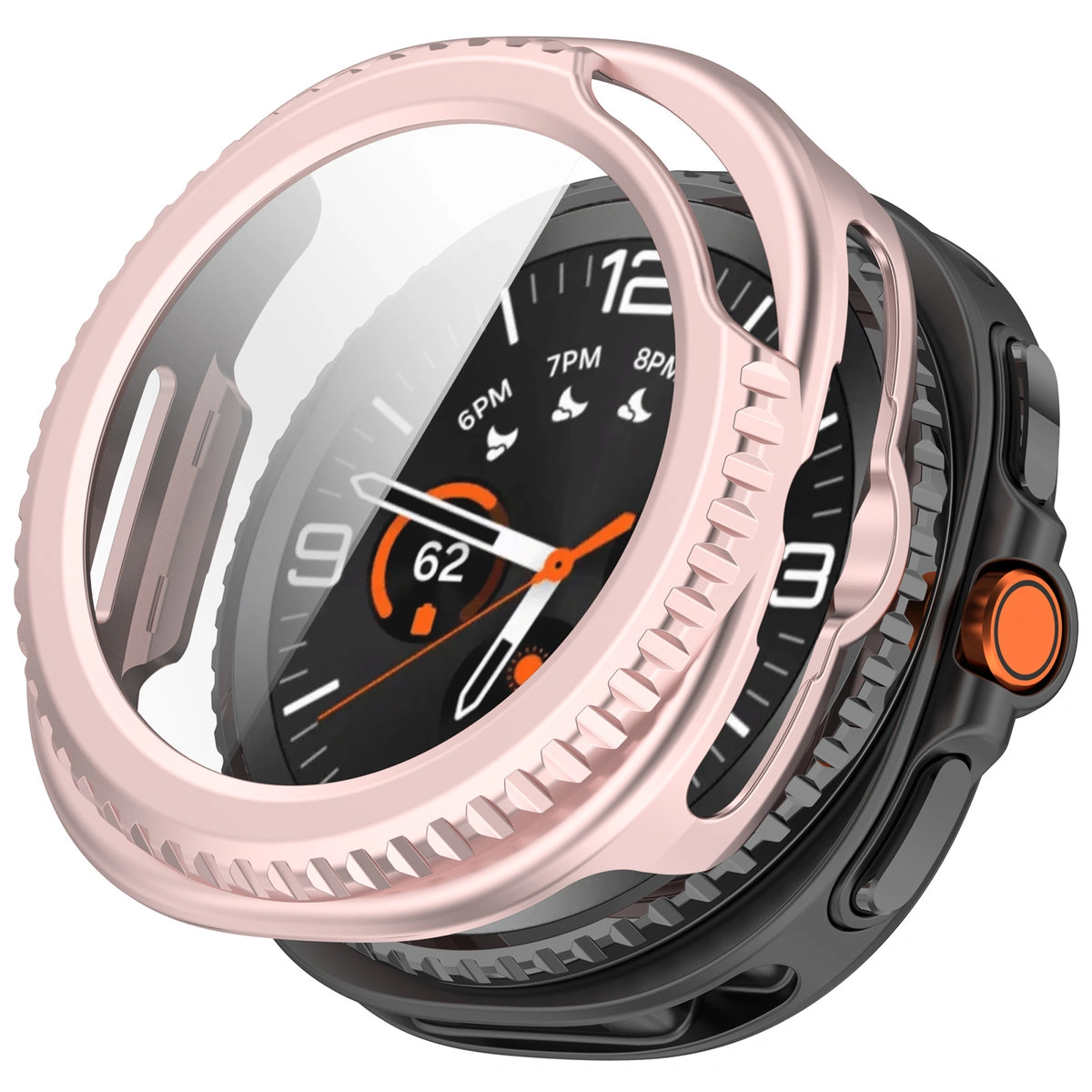 Vizualizare a aplicării carcasei Bizon Case+Glass Watch pentru Galaxy Watch 8 Classic 46 mm
