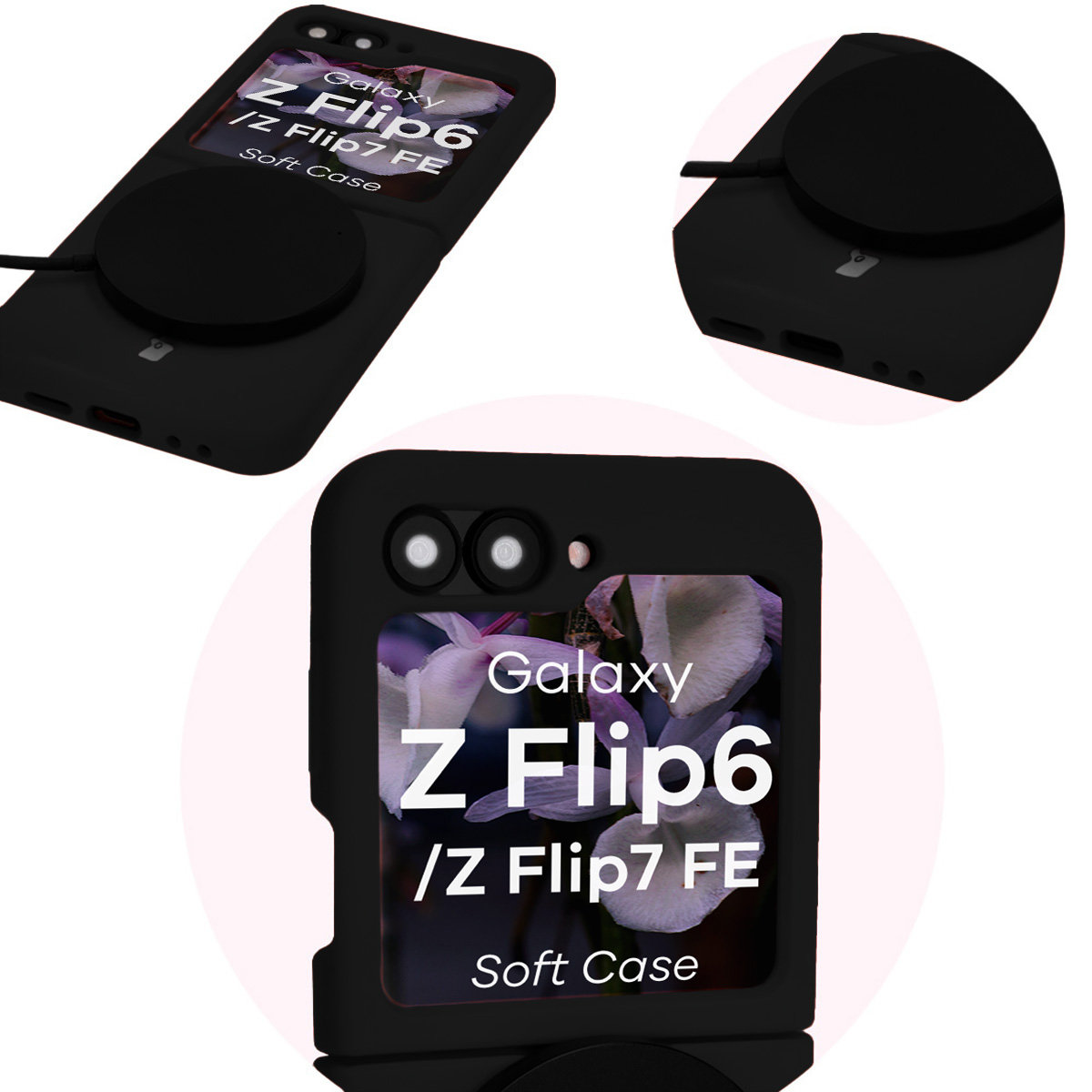 Close-up of precise cutouts and wireless charging capability in the Bizon Soft Case