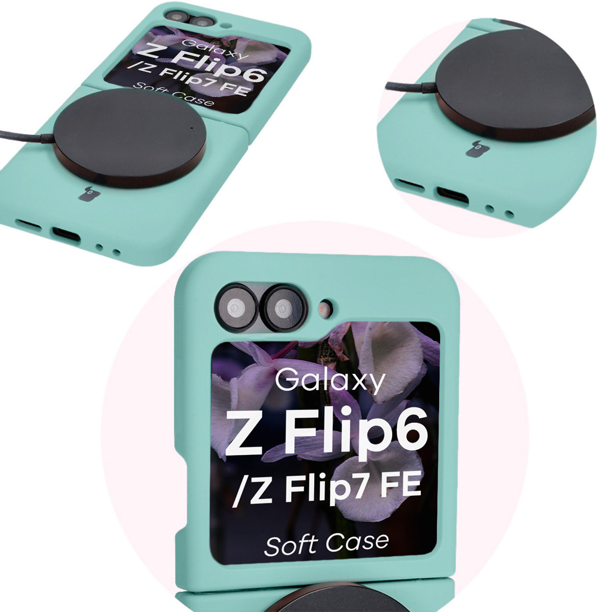 Prim-plan pe decupajele precise și posibilitatea de încărcare wireless în husa Bizon Soft Case