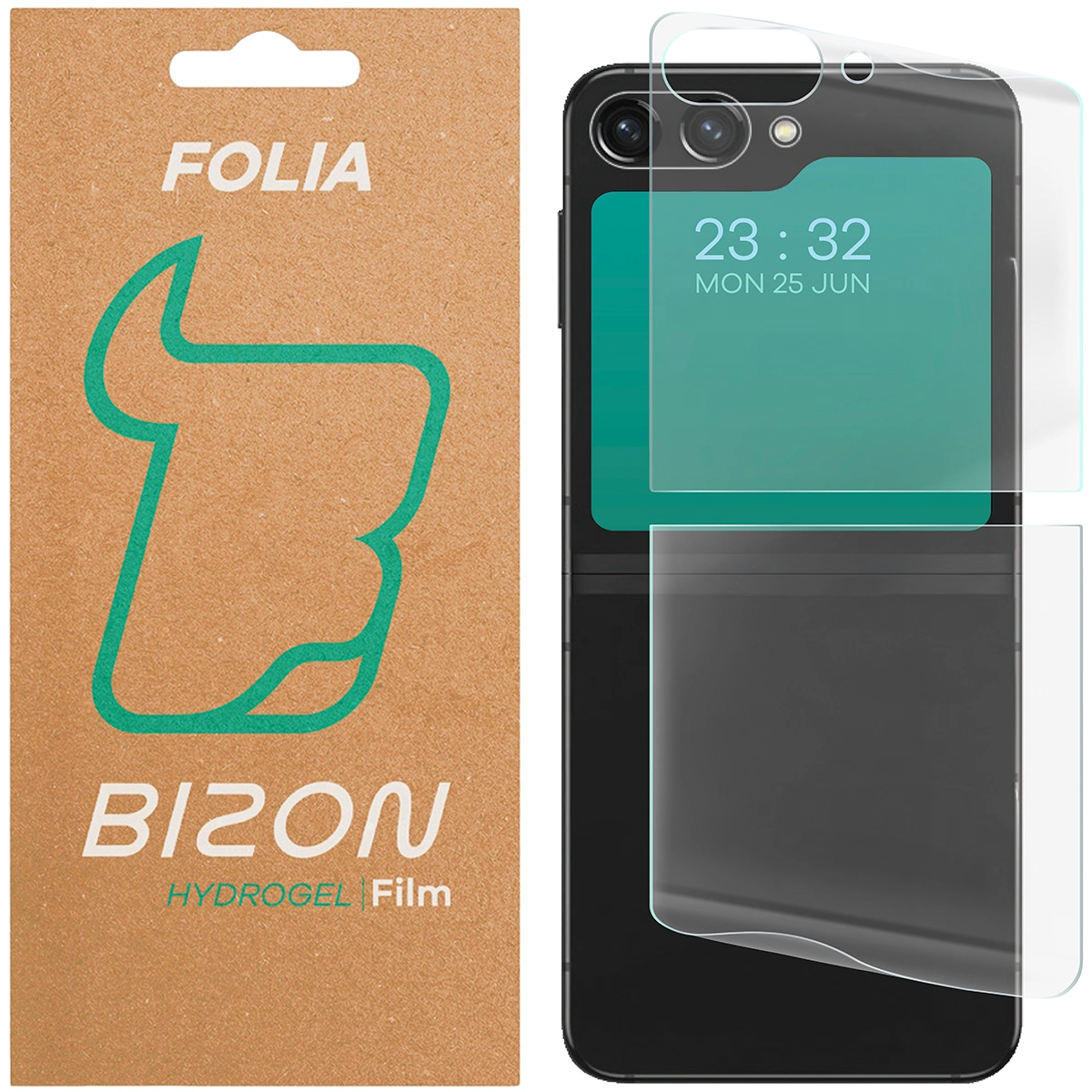 Box und Hydrogel-Folie für die Rückseite des Telefons Bizon Glass Hydrogel Back für Samsung Galaxy Z Flip7 FE / Samsung Galaxy Z Flip6