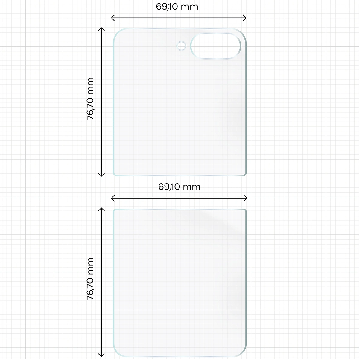 Maße für die Hydrogel-Folie für die Rückseite des Telefons Bizon Glass Hydrogel Back für Samsung Galaxy Z Flip7 FE / Samsung Galaxy Z Flip6
